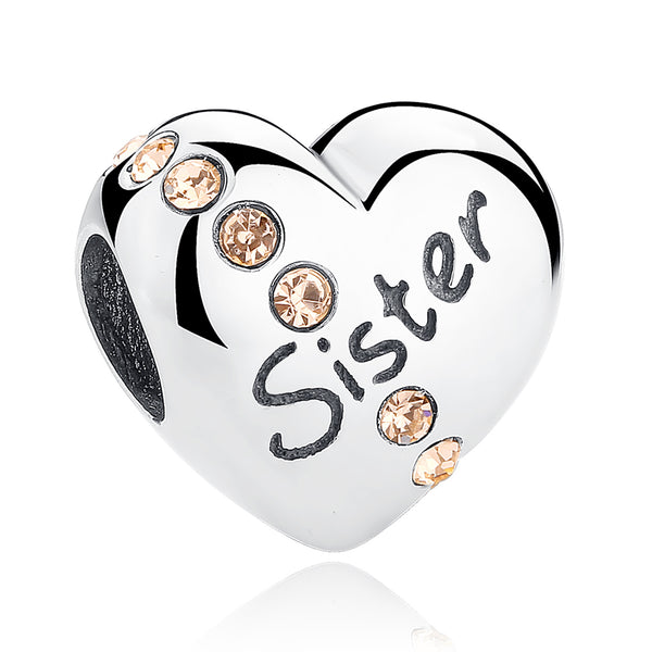 Sister with Cubic Zircon Love Heart Charms