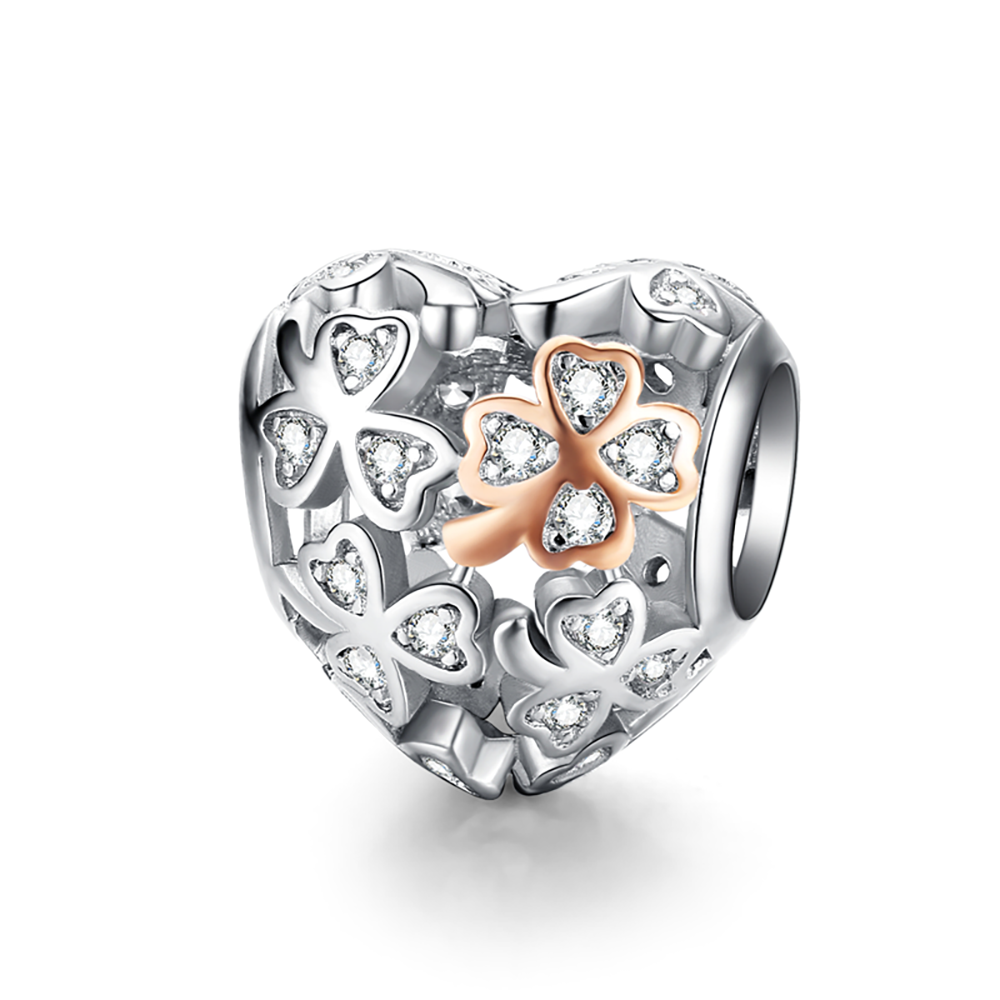 Four leafs Clover Rosegold Love Heart Charm